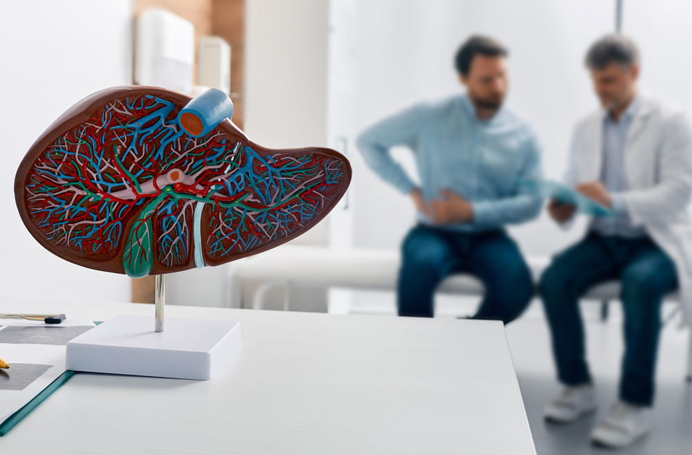A photo of a liver diagram on a desk and a doctor sitting with a patient in the background.
